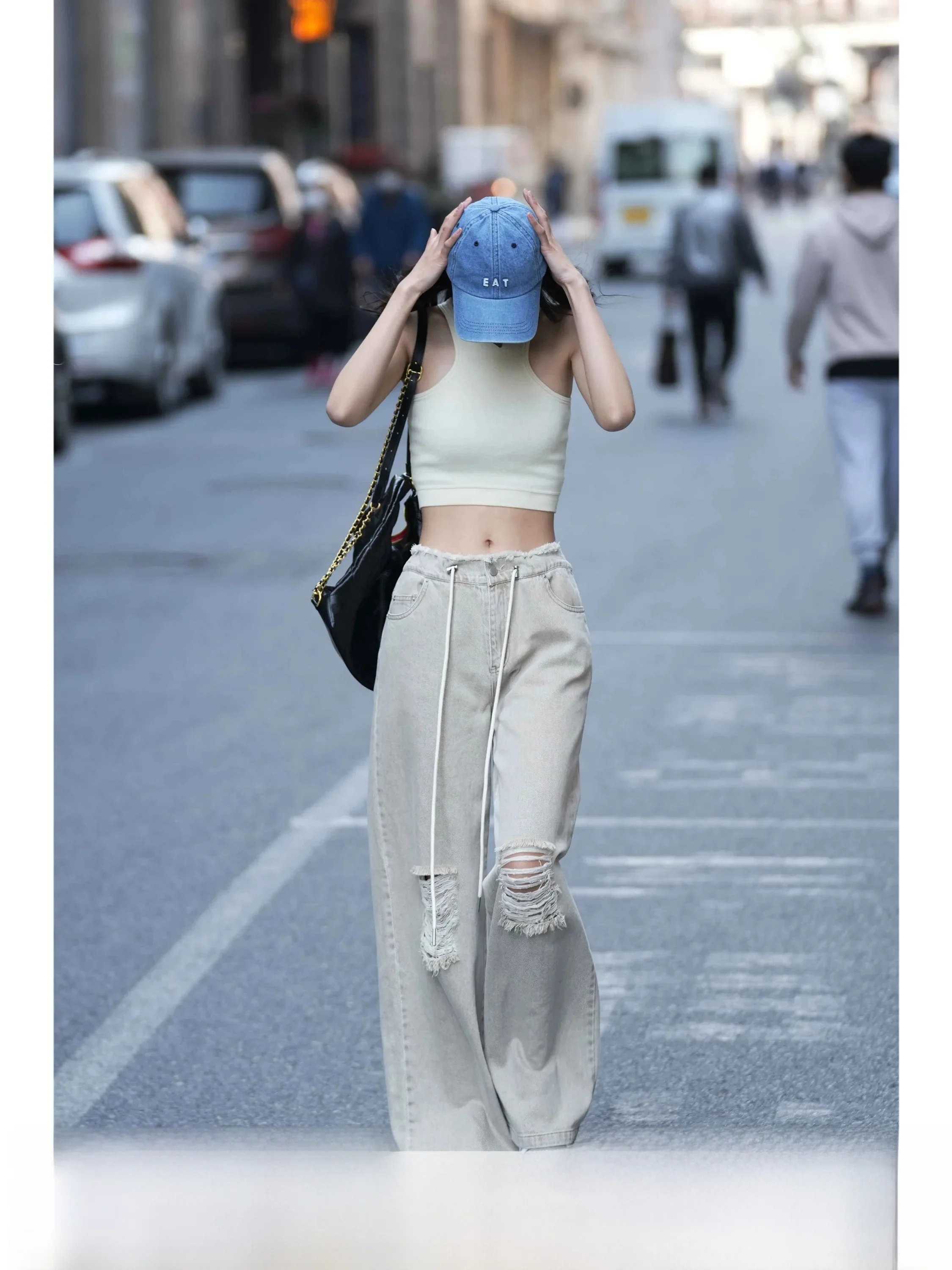 Luna7xi Women's High Waist Wide Leg Jeans Light Coffee Color Ripped Design Autumn New Style Vintage Feel Cotton Denim Pants