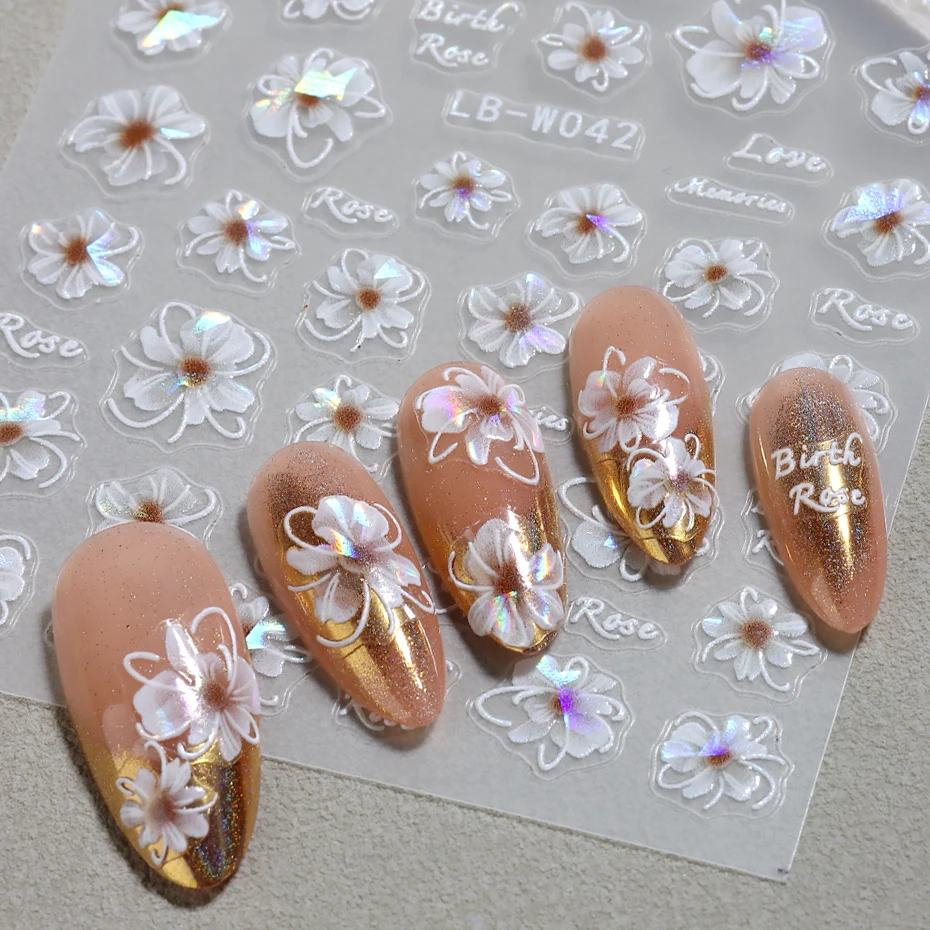 Laser Flowers 3D Nails Stickers Floral Holographic Fairy Aurora Shiny Blooming Flower Decals 2024 Cute Summer Nail Decor#LB-W042