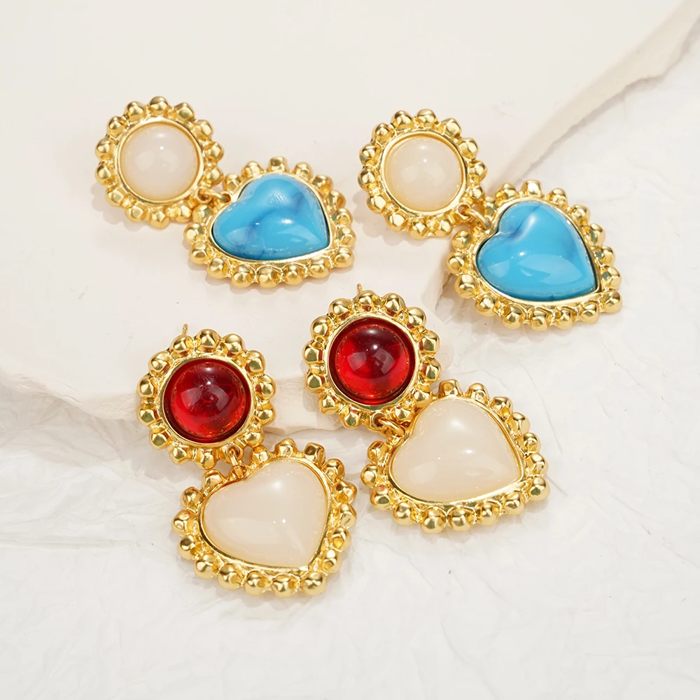 

Stainless Steel Stud Earrings For Women Girls Red Blue Hearts Retro Elegant Cute Geometric Ear Accessories Holiday Party Gift