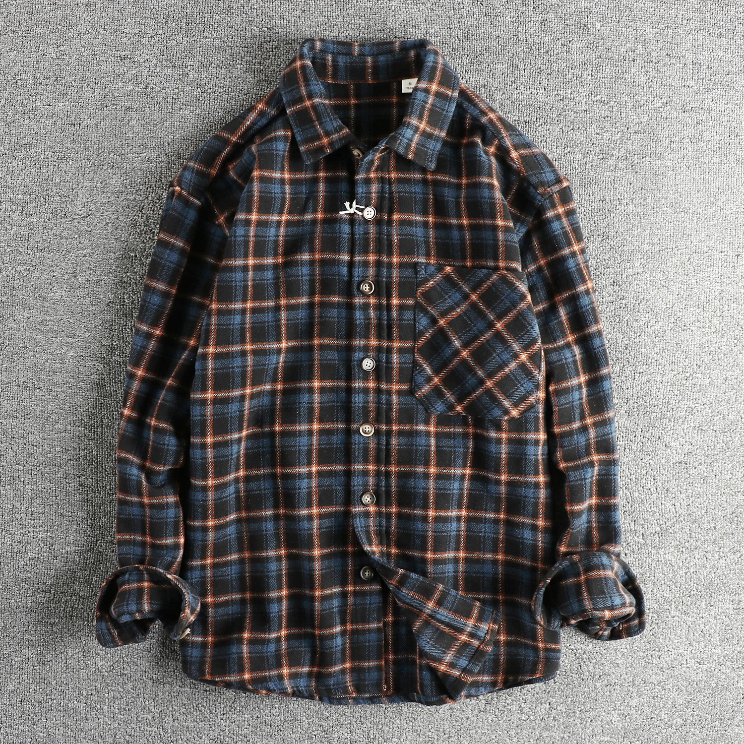 Spring and autumn heavy chunky wool vintage plaid long sleeve shirt men's simple pocket design trend loose thin coat