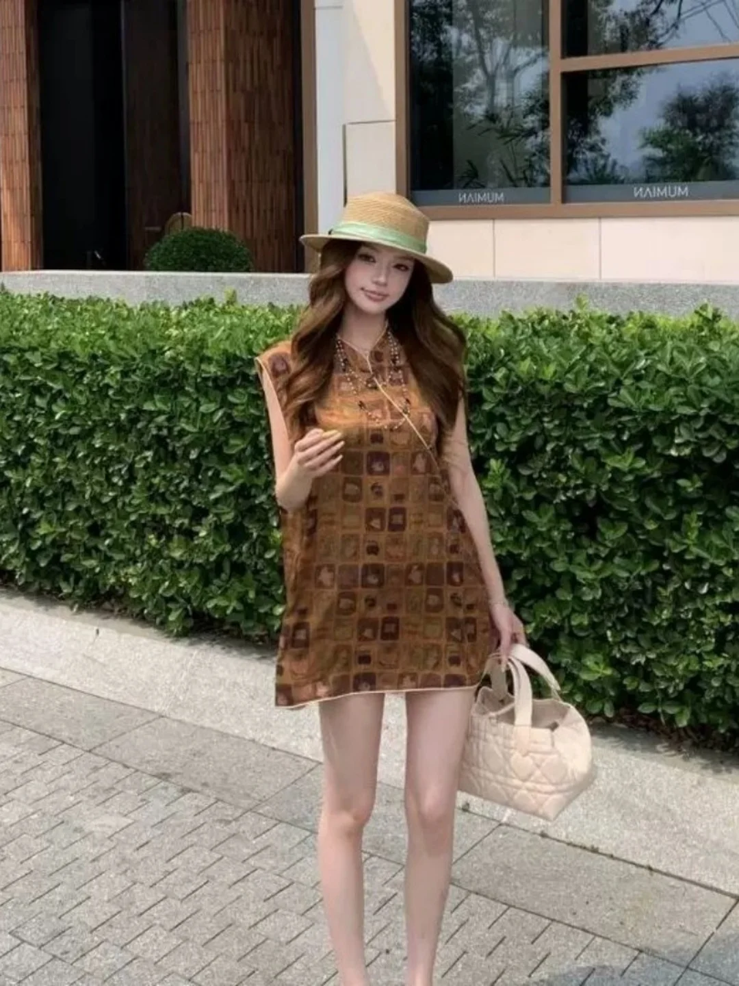 Retro Button Splice Sleeveless Vest Women's Extra Large Size Casual Slimming Top Floral Design Loose Fit round Neck Summer
