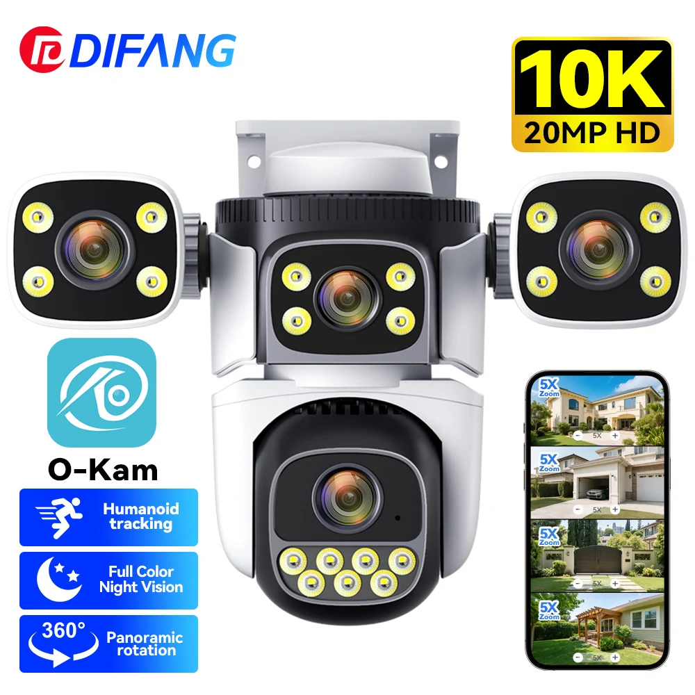 

DIFANG New 10K 20MP 4 Screen WiFi6 Camera 4 Lens CCTV Surveillance Auto Tracking 5X Zoom PTZ Mini Street Video Camera OKam