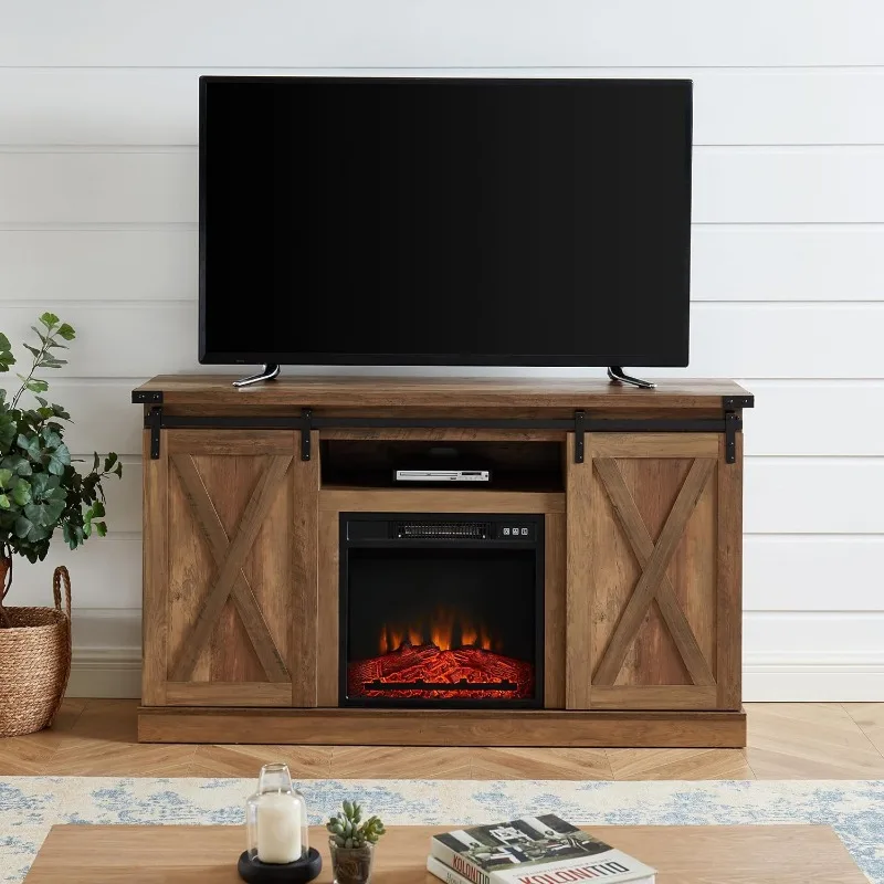 Farmhouse Electric Fireplace TV Stand for 60 Inch TV, Barn Door Entertainment Center with Fireplace and Open Storage Shelves