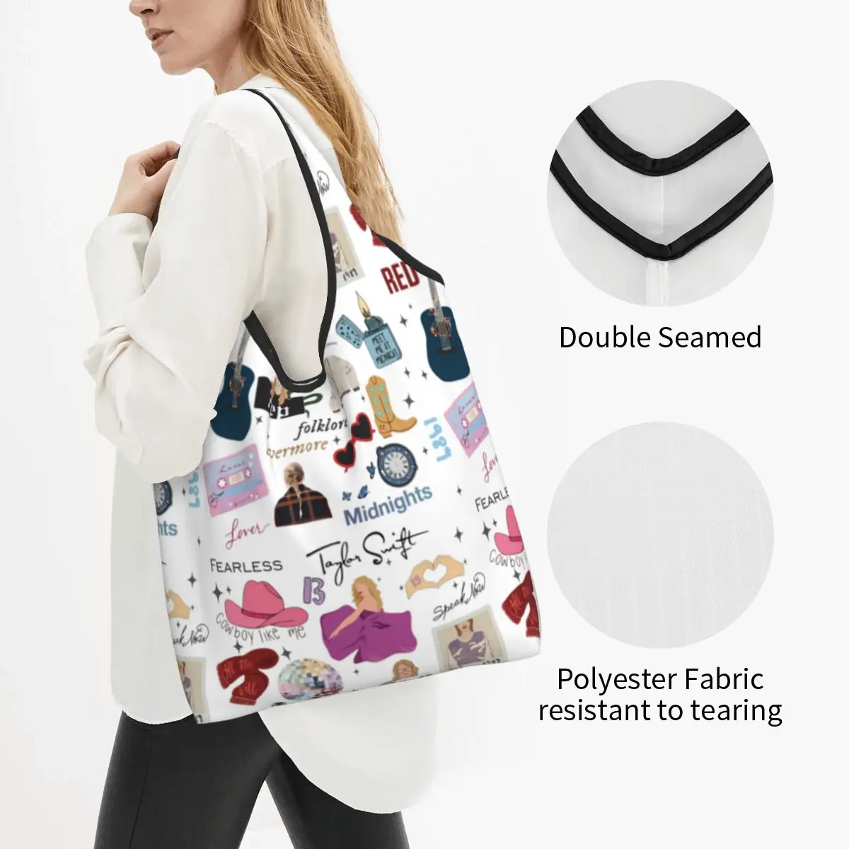 The Eras Tour Reusable Shopping Grocery Bags Foldable 50LB Weight Capacity Tayloring Eco Bag Eco-Friendly Lightweight