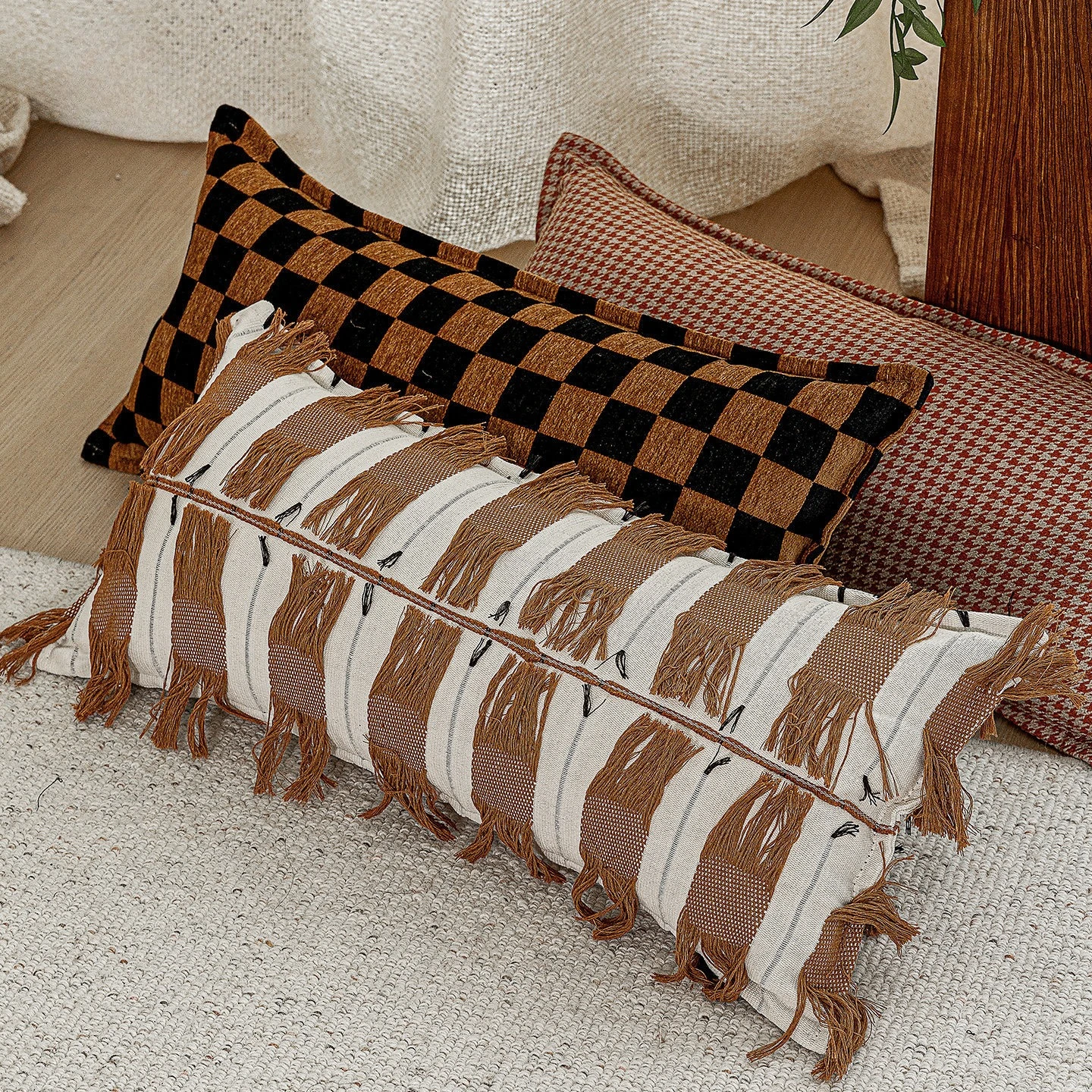 

30x65cm Boho Lumbar Cushion Cover Premium Soft Woven Tassel Jacquard Neutral Brown Throw Pillow Case for Sofa Bed Home Decor