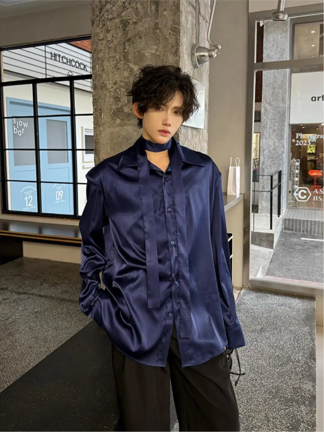 Long Sleeve Shirt Men's Spring Autumn Design Sense Sash Pad Shoulder Hairstylist Top Trendy Loose Fit Youthful Style