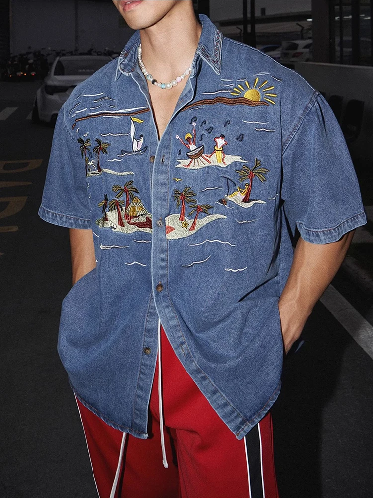 2025 Summer New Men's Tops Embroidered Denim Short-sleeve Shirts Men's American Style Trendy Versatile Loose Comfort Chic Shirt