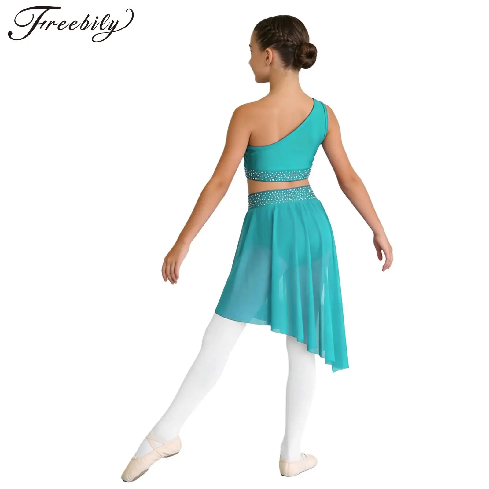 Children Girls Lyrical Dance Outfit Contemporary Ballet Skating Costume Shiny Rhinestone Sheer Mesh Crop Top with Skirted Briefs