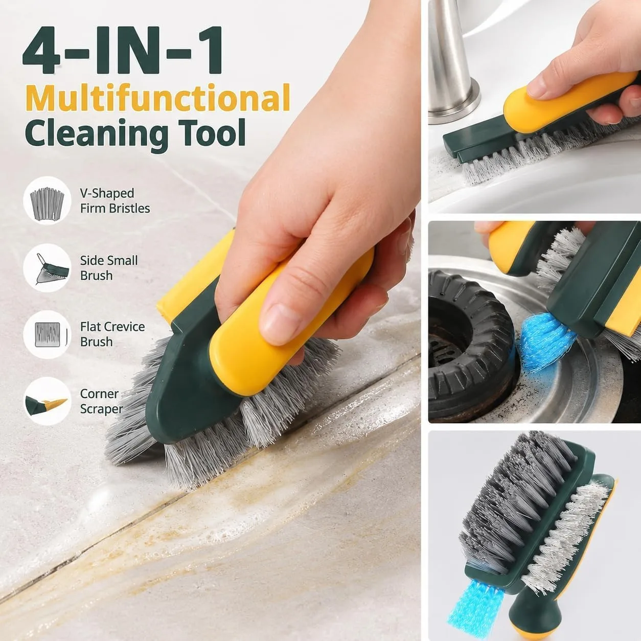 4 in 1 Multifunctional Gap Cleaning Brush V-shape Tile Grout Scrub Brush with Scraper for Bathroom Kitchen Window Floor