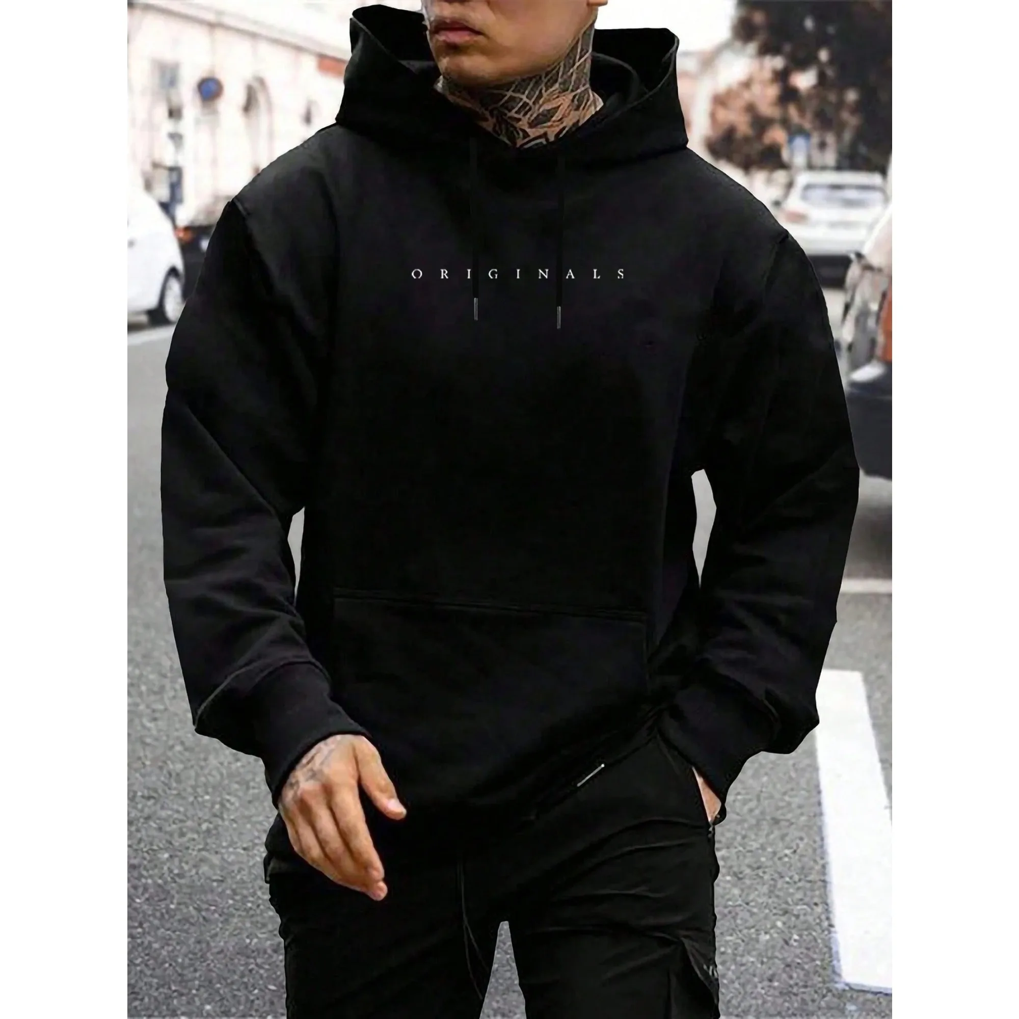 

Men Casual Pullover Hoodie Black Hooded Sweatshirt with Pocket Simple Letter Graphic Urban Street Style