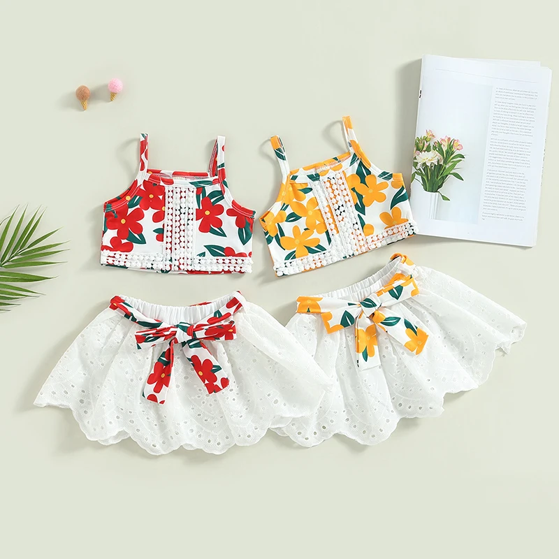 

Toddler Girls Clothes Sets Sleeveless Bandage Floral Printing Crop Tank Tops Sling Vest + Lace Skirt with Belt Summer Outfit
