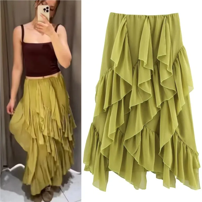 

Chiffon Loose Skirt Women 2025 New Summer Casual Wavy Layered Pleated A-line Long Skirts Elastic Waist Chic Elegant Midi Skirt
