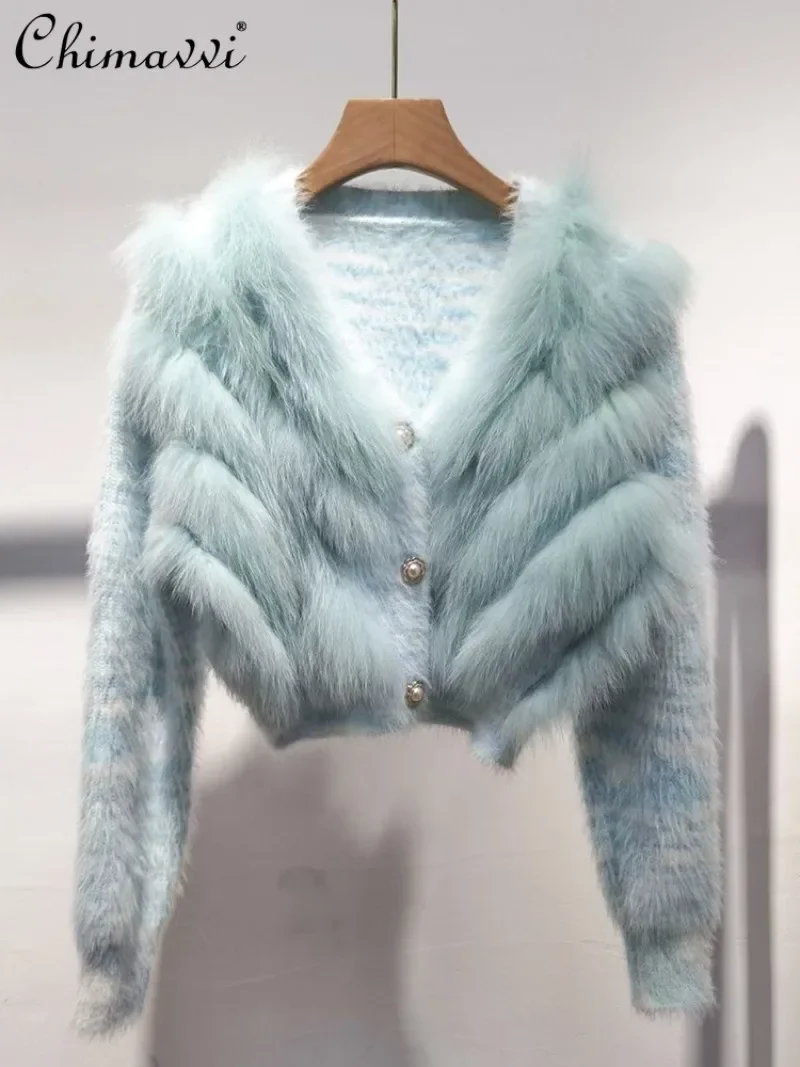 2024 Autumn New Real Fox Fur Sweater Splicing Fur Short Cardigan Jacket Knitted Sweater Wool Top For Women