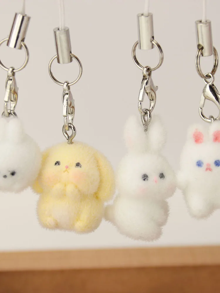 3D Cute Flocking Resin Rabbit Charms for Couples Mobile Phone Pendants Key Rings Earphones Bag Dcorations Jewelry Gifts