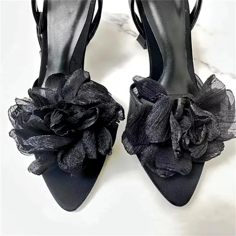 TRAF-zapatos de tacón alto con flores para mujer, sandalias de Punta abierta con punta de malla, estilo francés, Stilettos, color negro, 2024