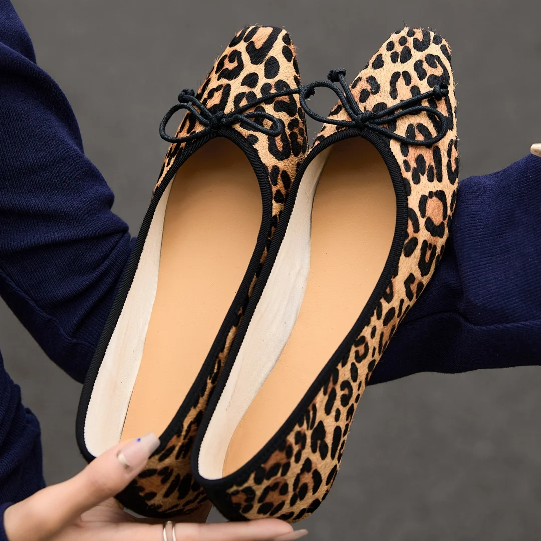 Women's leopard horsehair round toe slip-on 2.5cm kitten heel slip-on flats elegant ladies sweet bowtie daily slim dress shoes image 3