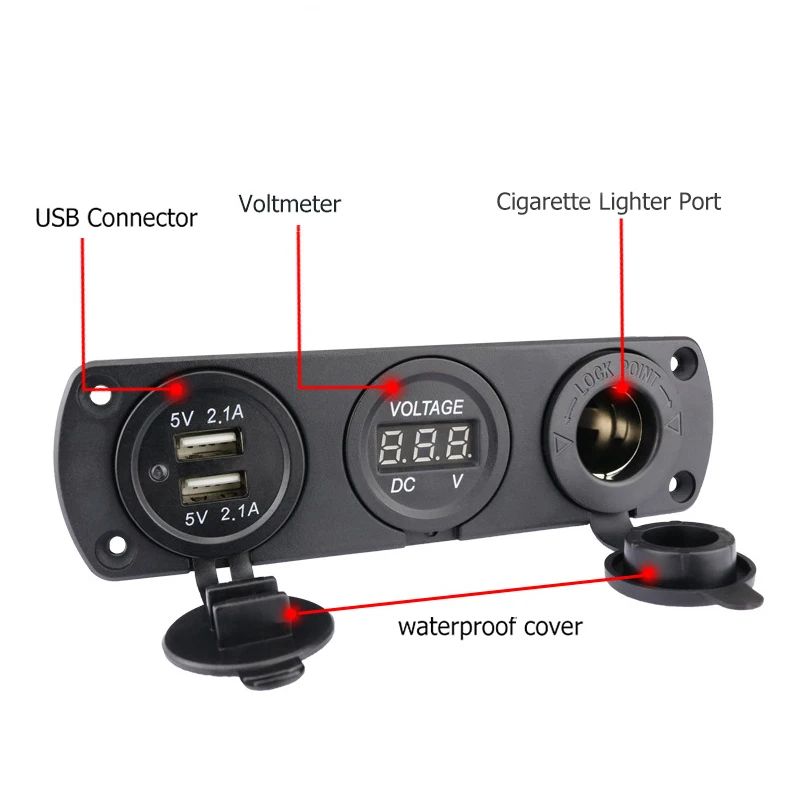 Carregador de carro Dual USB com voltímetro digital LED, isqueiro, tomada de energia, adaptador de tomada para carro, barco, RV, tensão, 12V, 4.2A