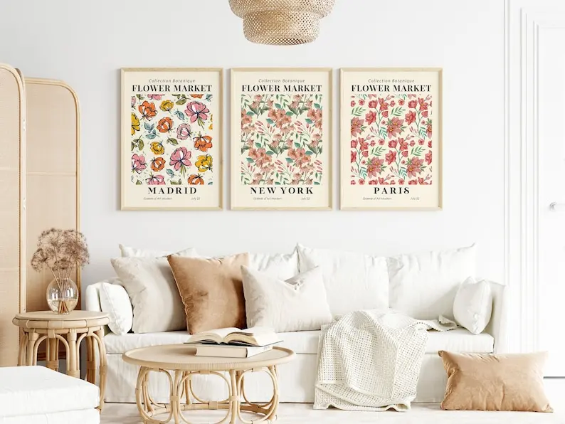 3 قطعة/المجموعة البوهيمي زهرة السوق قماش يطبع منتصف القرن الحد الأدنى خطوط النباتات الخضراء الفن الملصقات لغرفة المعيشة ديكور المنزل