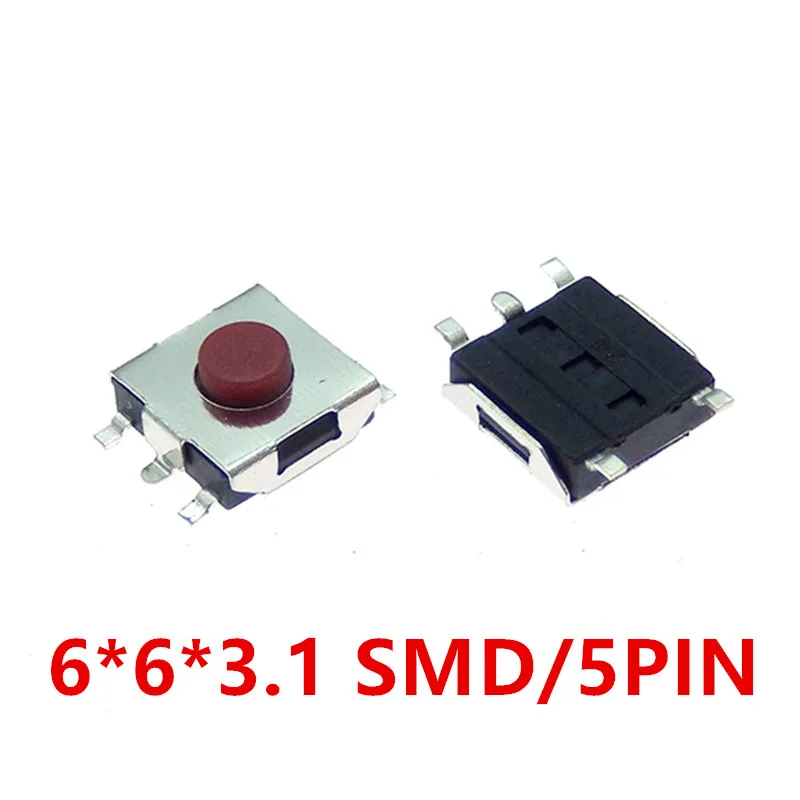 100PCS Flat Red SMD 5Pin 6x6 Tact Push Button Switch 6*6*3.1MM Micro Switch 6x6x3.1mm 6.2X6.2 6.2*6.2