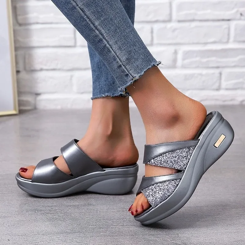 

Summer High Heels Open Toe Sandals Glitter Wedges Shoes Female Casual Shoes Slingbacks Fashion Light Sandals For Woman