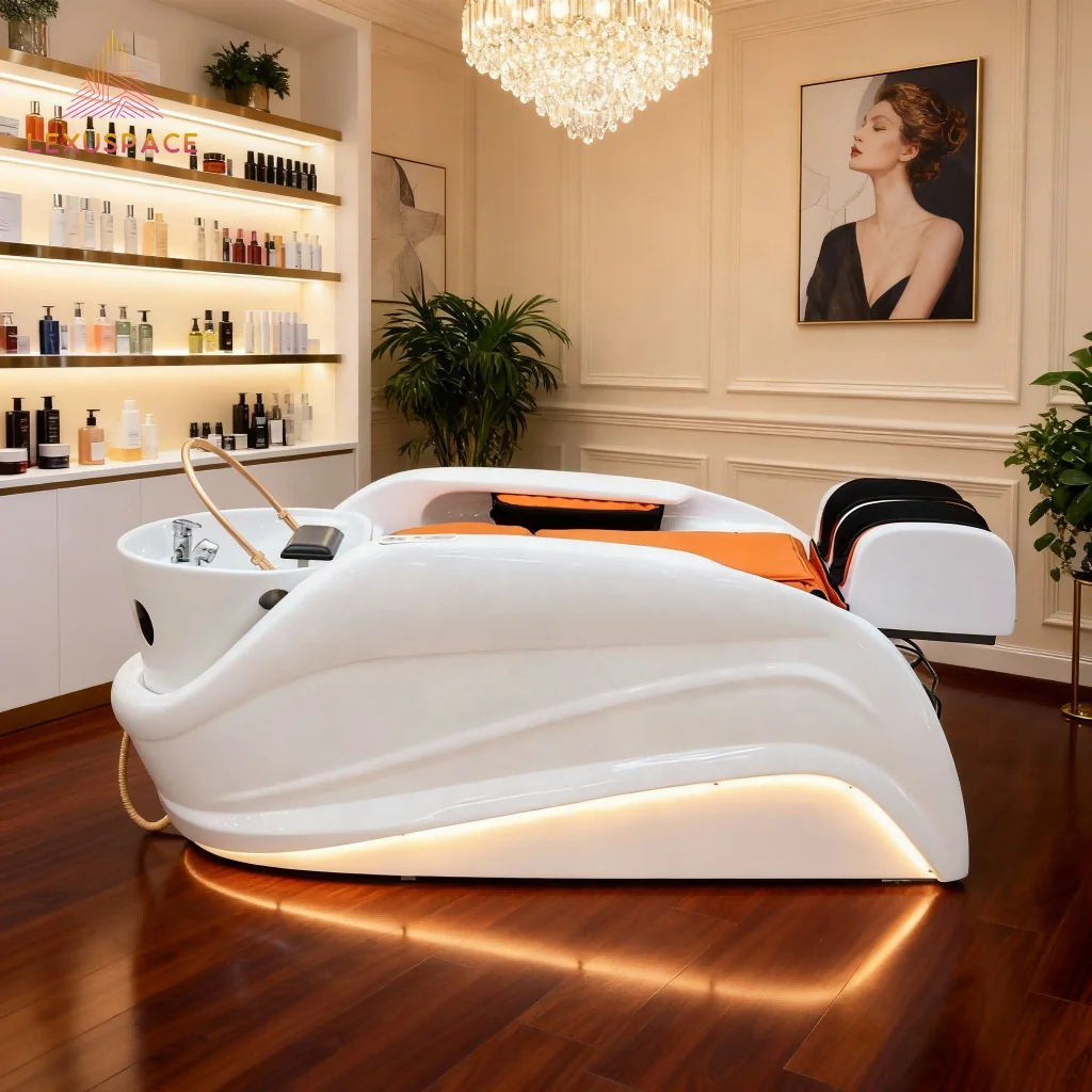 Comfortable Ceramic Head SPA Sink Colorful LED Therapy Electric Massage Shampoo Bed
