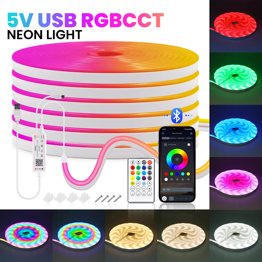 5V Bluetooth RGBCCT Neon LED Strip Lights 1M 2M 3M 5M Waterproof 28Keys Remote Flexible Ribbon 108LED/M For Home Wall Decoration