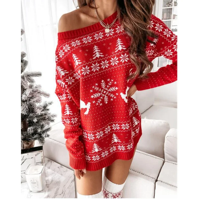 Fashion Women Christmas Sweater Dress Autumn Winter Long Sleeve Off Shoulder Kniteed Casual Pullover Oversized Fashion Jumper