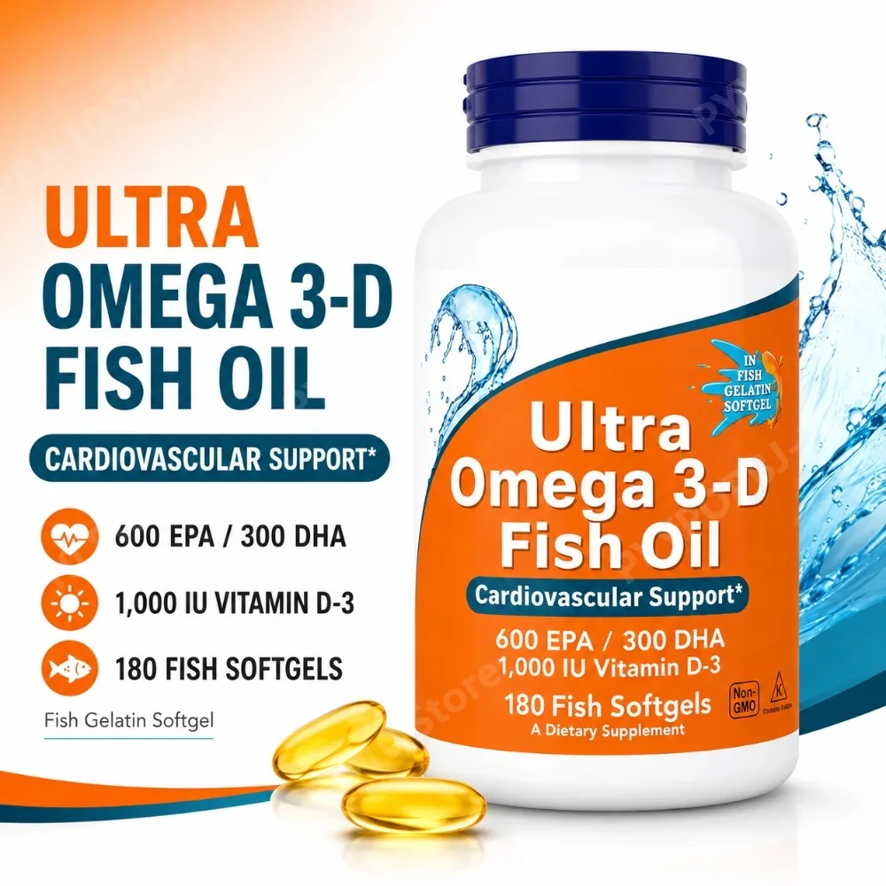 Omega-3 Fish Oil Softgels 600 EPA 300 DHA with Vitamin D3, Enteric Coated Formula for Heart & Brain Support, Non-GMO, 180 Count