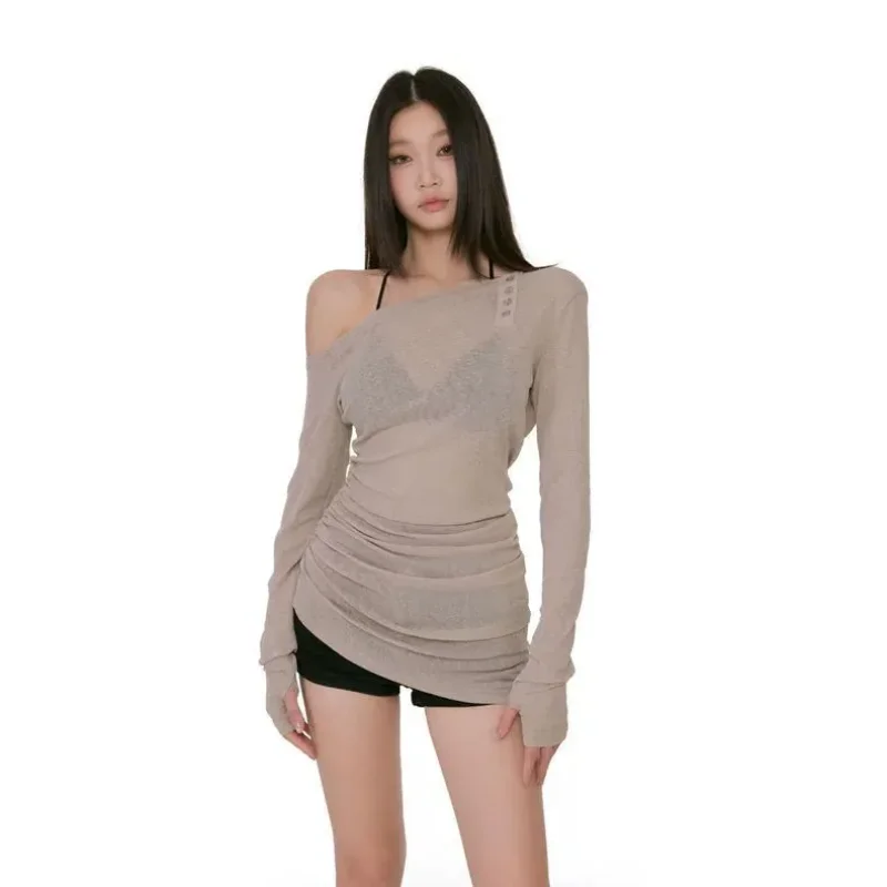 Kawaii Hot Girl Black Off Shoulder Mesh Long Sleeve Top Sheer Slim Fit Halter Neck Casual Y2K Fashion Blouse