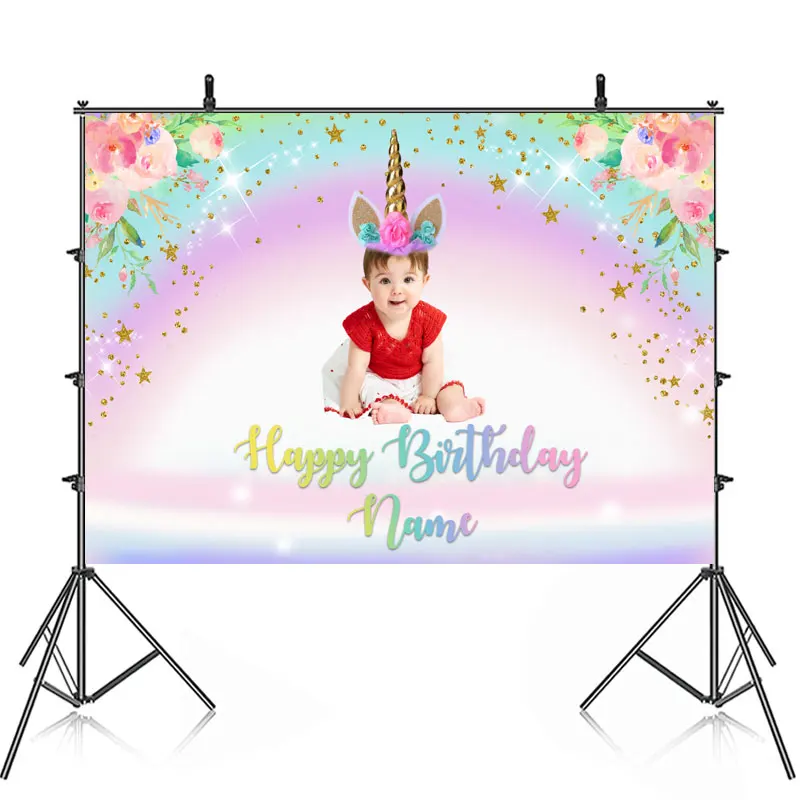 Pink Flowers Unicorn Birthday Party Backdrop Photography Baby Shower For Girls Kids Rainbow Background Banner Customize Name Pic