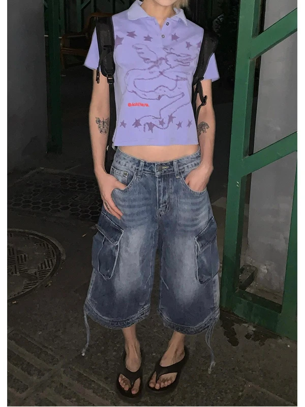 

Retro American Workwear Denim Seven-Foot Pants Women's Summer New Style Abipunk Washed Multi-Pocket Short Jeans Street Style