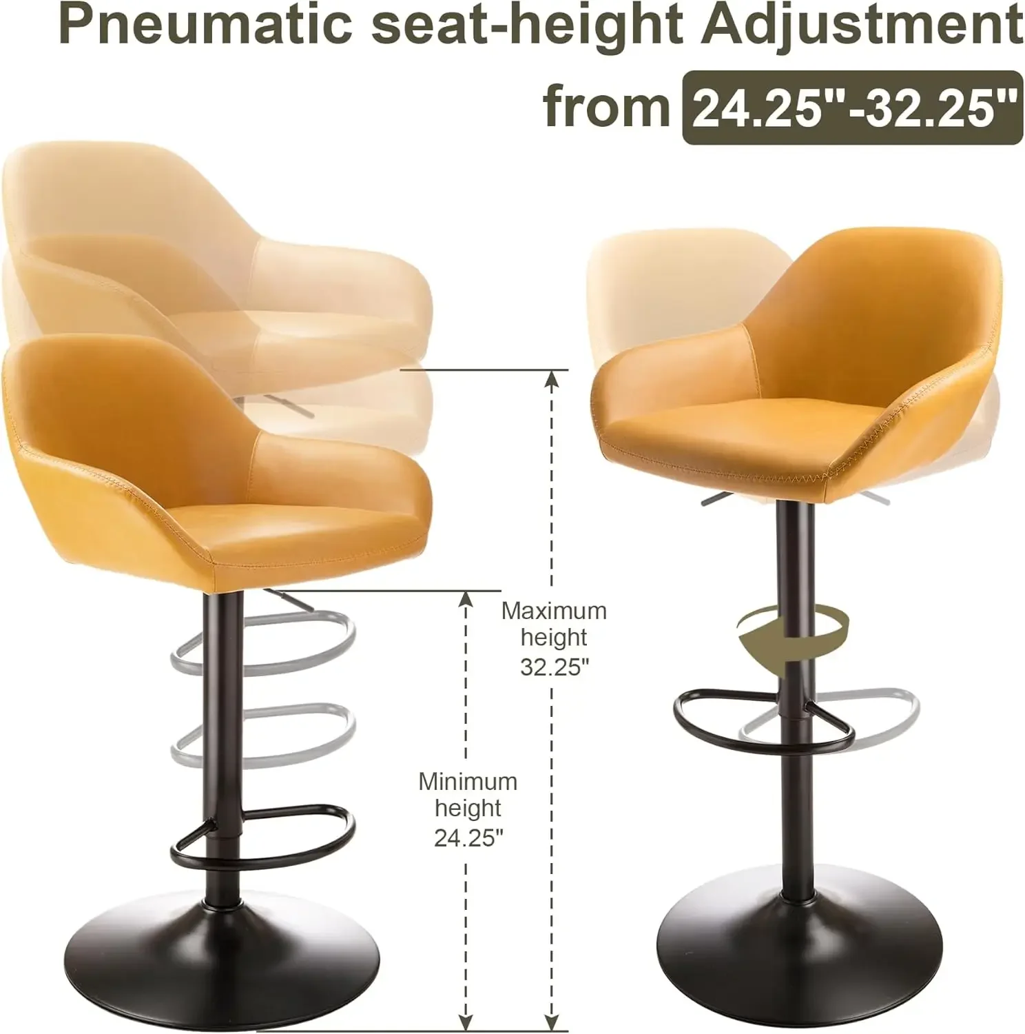 Juego de 2 taburetes de bar giratorios, silla de bar ajustable de cuero vintage de mediados de siglo con respaldo y reposapiés, kit de pub moderno