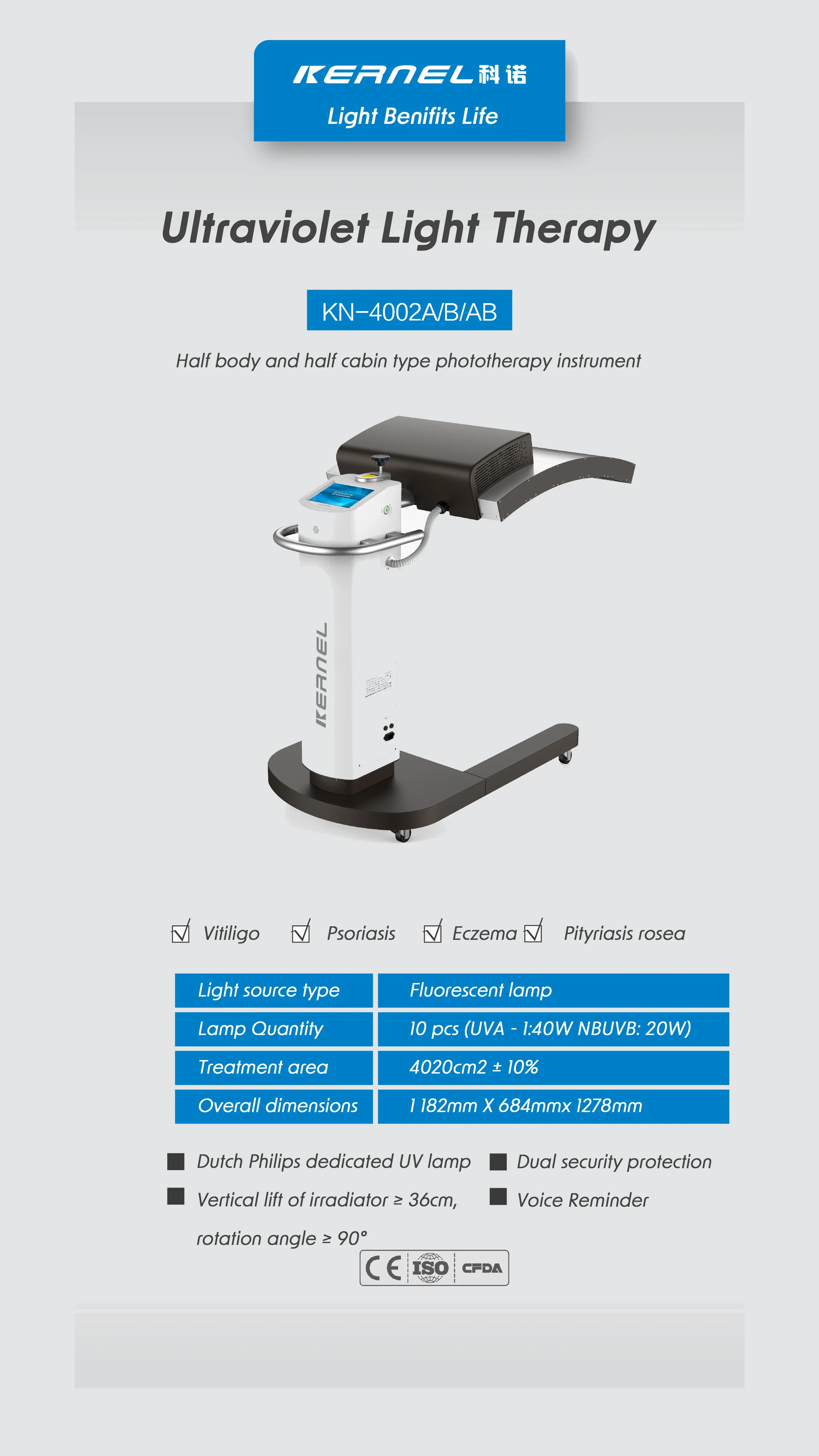 Medical UV phototherapy 311nm narrow band UVB phototherapy for vitiligo psoriasis treatment Kernel KN-4002B