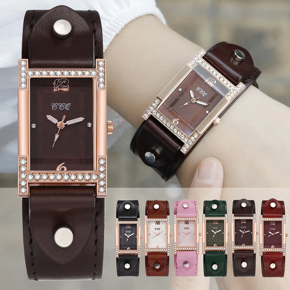 

Couples Bracelet Watches Cow Leather Rhinestone Ladies Clock Casual Female Square WristWatch Women Dress Quartz Crystal Watch