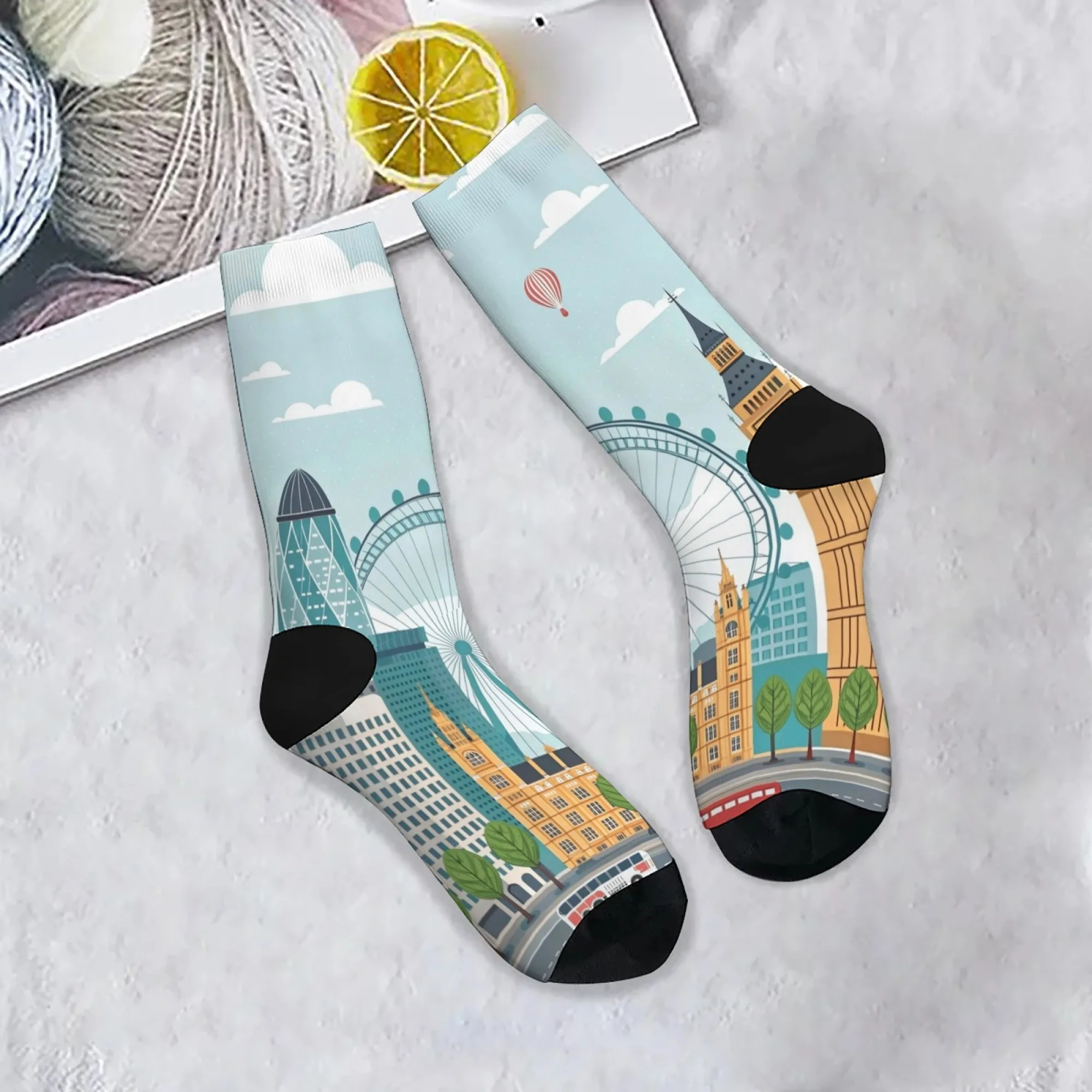 Fresh Bright London Landmark Full-Print Mid-Calf Socks Landscape Print Light Blue Fresh Eye-Catching for Travel Enthusiasts