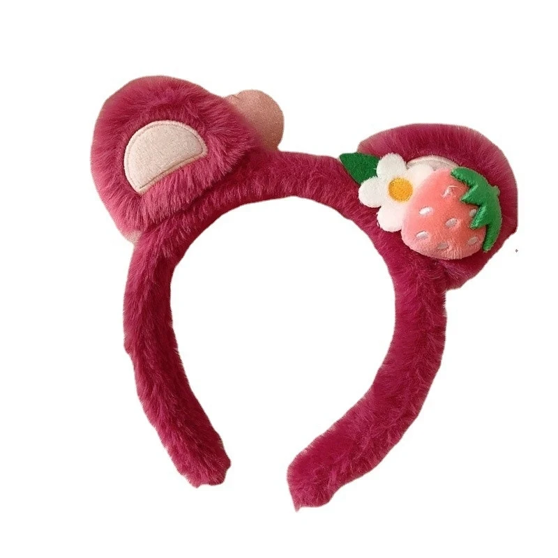 Plush Strawberry Bear Ear Headband Fleece Cute PInk Cartoon Bear Hairbands Girls Lovely Animal Headbands Hair Accessories  Extra