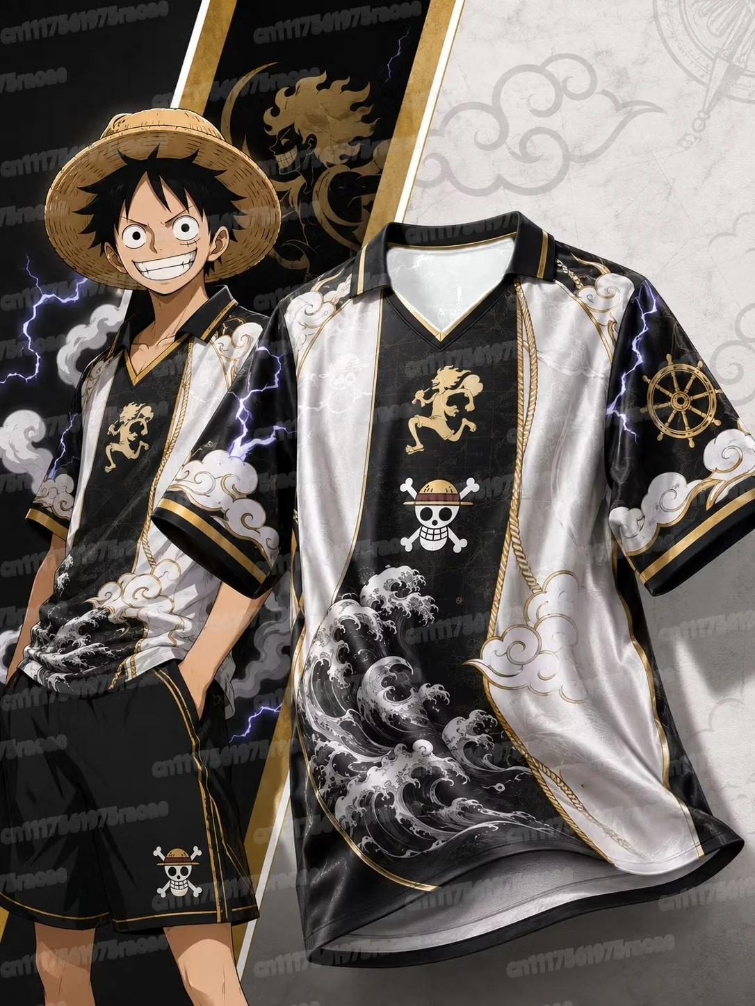 Sonderedition ONE PIECE Luffy Kurzarm-T-Shirt mit Kragen, Jersey, Herren-T-Shirt, Oversize, atmungsaktives Sweatshirt, Familien-Set – Detail 7