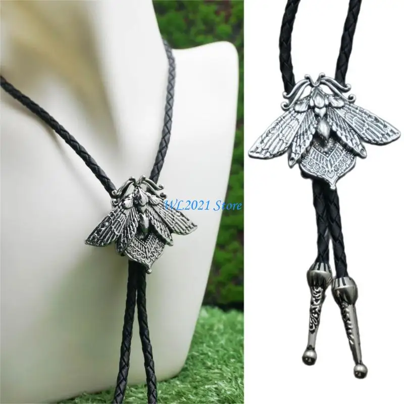 

G5GC Western Cowboy Bolo Tie Gothic Leather Rope Metal Skull Moths Pendant Necktie