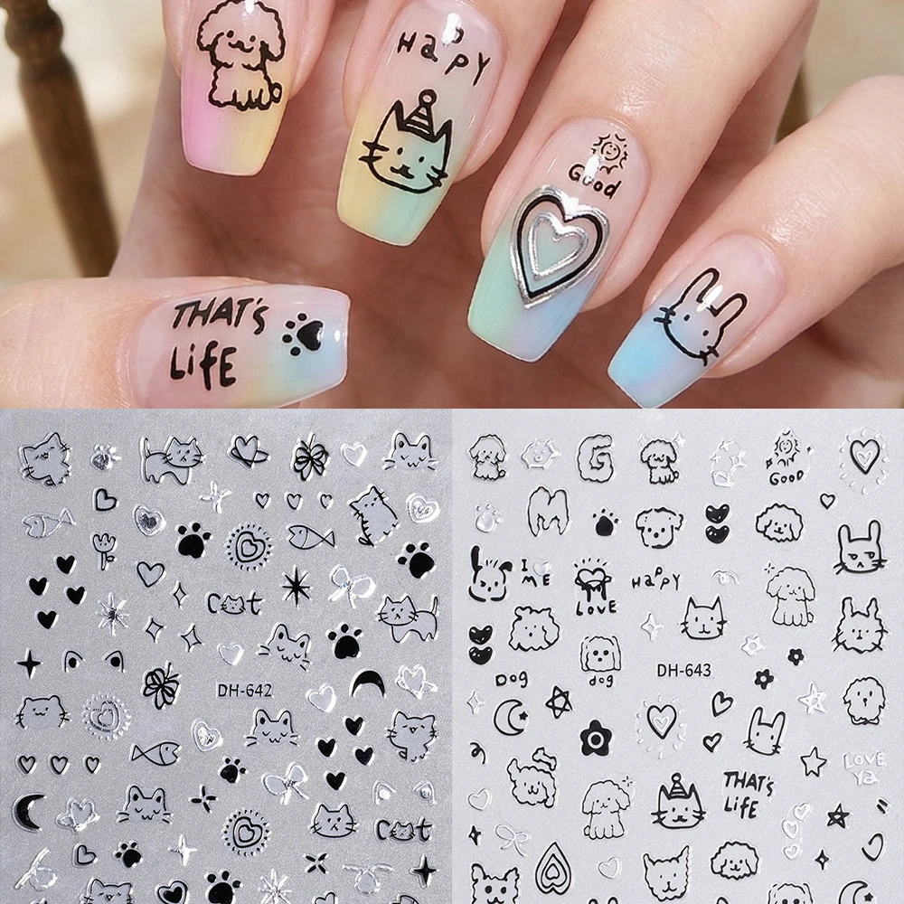 2Pcs Cute Cats Dogs Pattern Nail Stickers Japanese Style Lovely Animal Image Nail Art Decals DIY Manicure Decorations Supplies