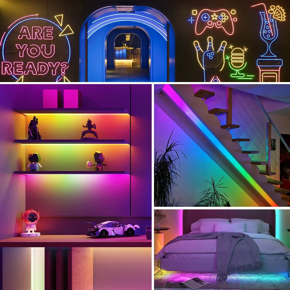 شرائط إضاءة سيليكون RGB IC، وأضواء نيون مرنة LED ذكية، وشرائط إضاءة مقاومة للماء 360 درجة قابلة للانحناء، ووحدة تحكم 24 مفتاحًا