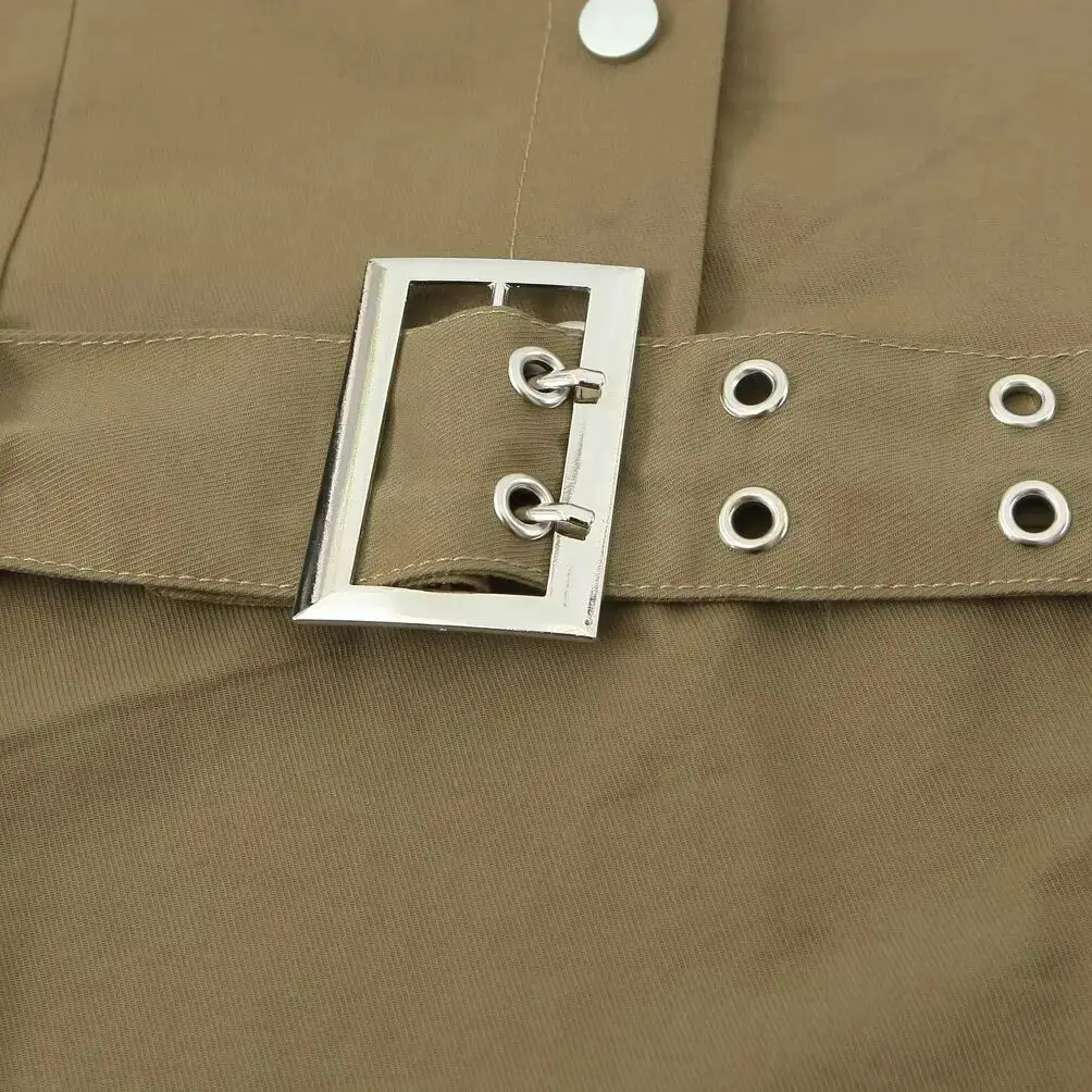 2024 American Retro Army Green Lapel Sleeveless Safari Dress Women With Buckle Belt Slim Waist A line Mini Party Robe