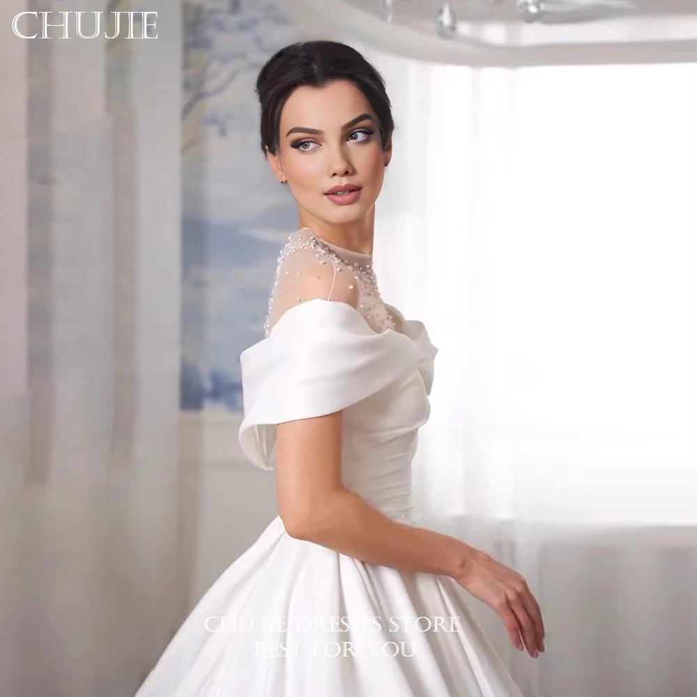 فساتين زفاف بيضاء قبالة الكتف دبي العربية رقبة عالية لؤلؤ ساتان على شكل حرف a الأميرة زي العرائس Vestidos De Novia مخصصة