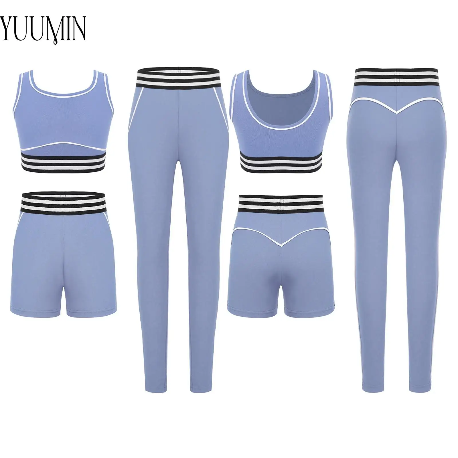 

3Pcs Kids Girls Contrast Color Striped Sports Outfit Sleeveless Cropped Vest with Shorts And Leggings for Yoga Running Workout