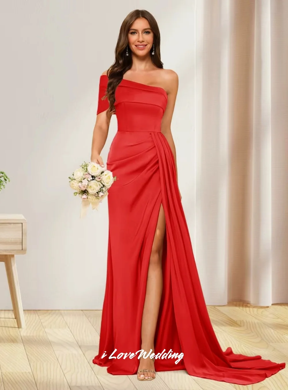 Элегантные платья подружки невесты на одно плечо 2025 атласные плиссированные платья с разрезом по бокам Русалка со шлейфом Тонкие свадебные платья для гостей по индивидуальному заказу