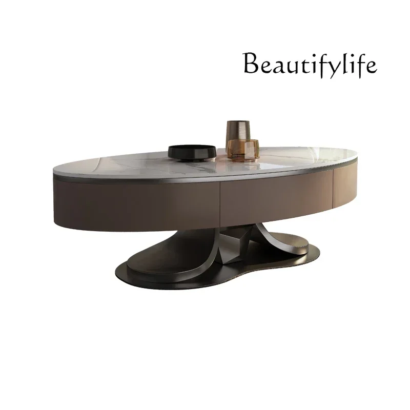 

Italian light luxury oval slate designer home living room art modern simple coffee table