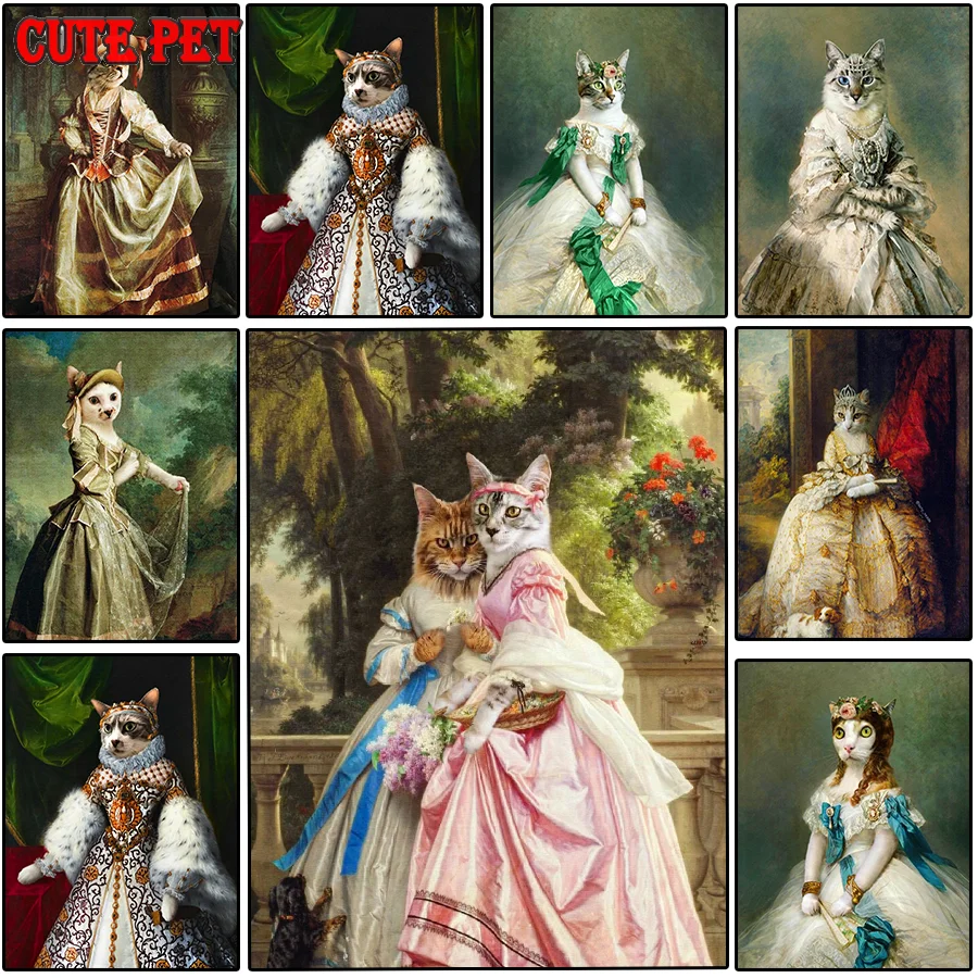 royal lady pussy Diamond mosaic full square Round Drill embroidery cross stitch DIY diamond painting court nobility cat home Art