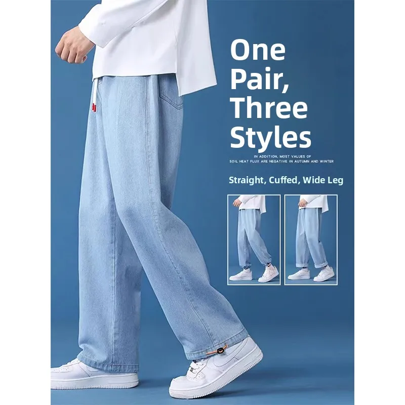 

Retro Blue Denim Jeans Loose Straight Leg Casual Pants for Men Teenage Spring Autumn Trendy Brand Wear Resistant Long Pants
