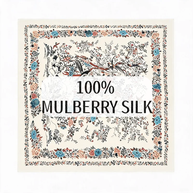 100% Mulberry Silk 70cm Vintage Bird Rose Floral Double Border Square Scarf Cream Base Bandana Women Office Travel Holiday Gift