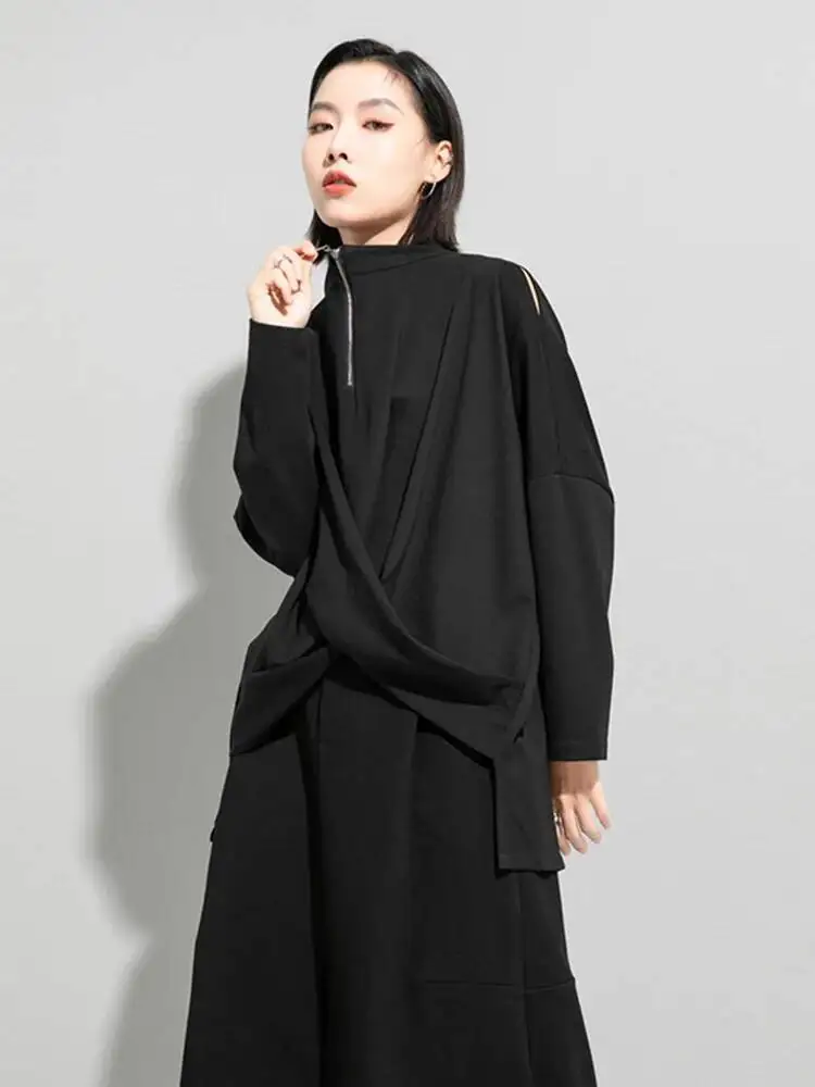 

Irregular Knot Black Sweatshirt New Stand Collar Long Sleeve Women Big Size Fashion Spring Autumn 2026 82K7