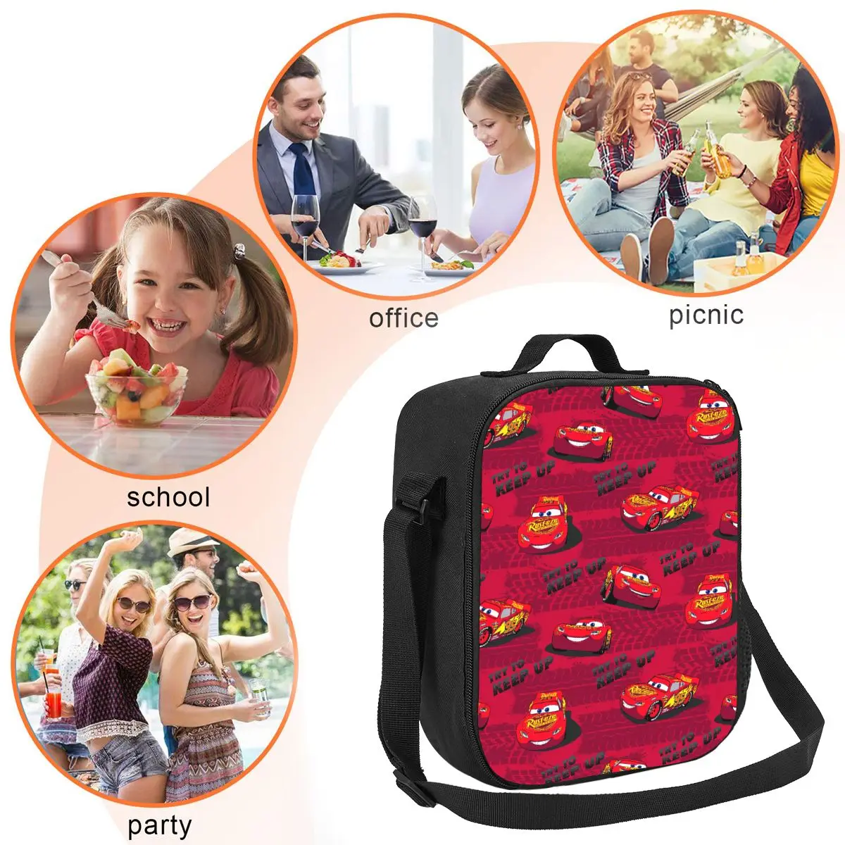 Custom Try To Keep Lightning McQueen Insulated Lunch Bags for Women Cooler Thermal Food Lunch Box Outdoor Camping Travel